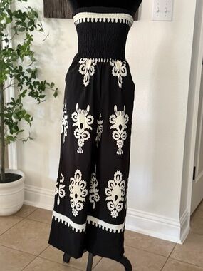 SHEIN Black Strapless Smocked Wide-Leg Jumpsuit with Cream Embroidery